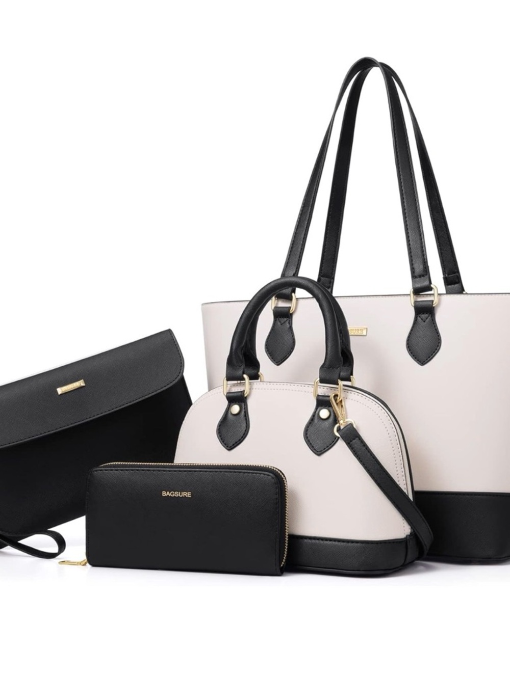 Women's Two-Tone Black and Cream 4-Piece Handbag Set